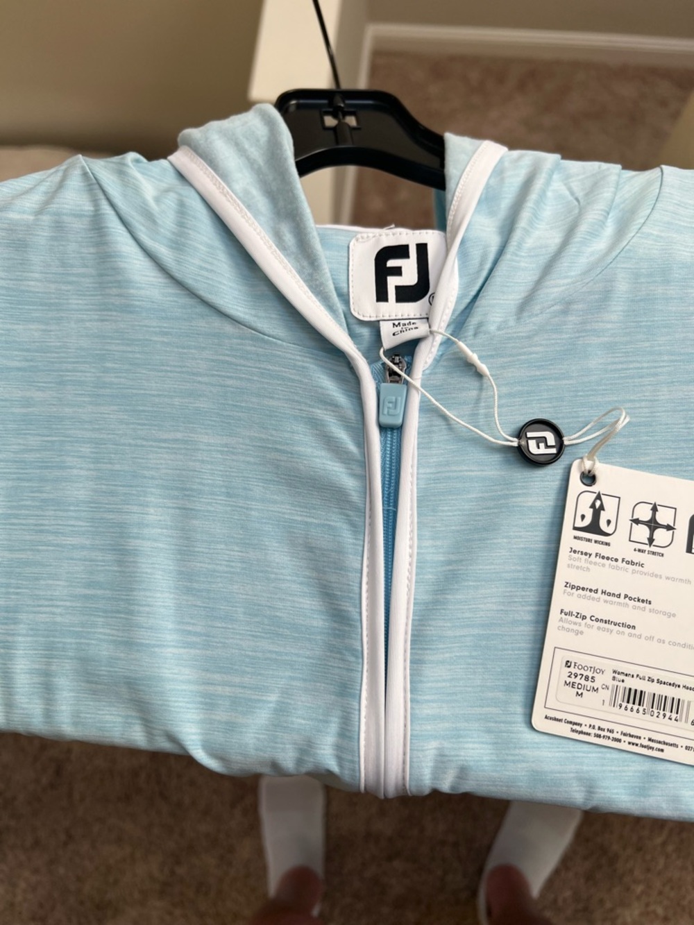 FootJoy Pale Blue Hooded Zip Jacket with White Trim. Size Medium.  New w/tags